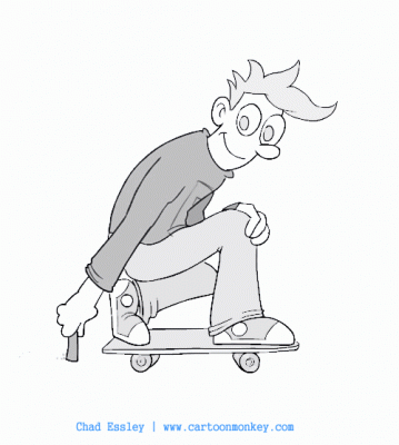 This is a rough pencil animation..Taking a still from flash, using the scan cleaner fx, and doing a 3/4 view turn. Character on a skateboard, drawing a chalk line on the ground.